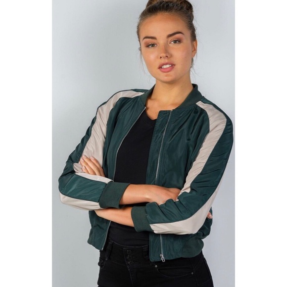 Hunter Green Stripe-Sleeve Bomber - Picture 4 of 7